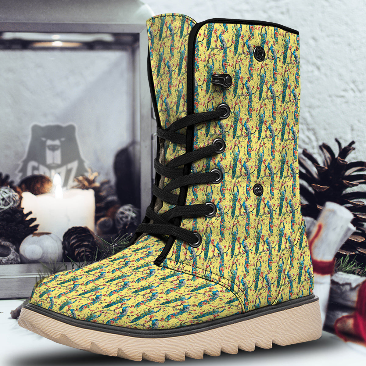 Peacock Cherry Blossom Print Snow Boots-grizzshop