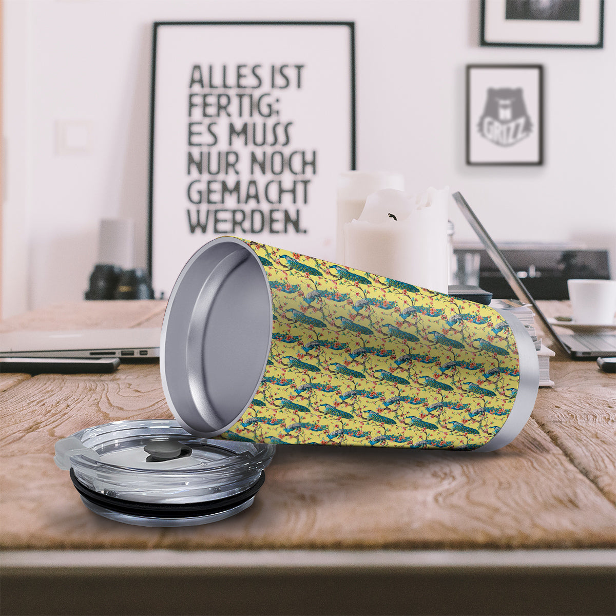 Peacock Cherry Blossom Print Tumbler-grizzshop