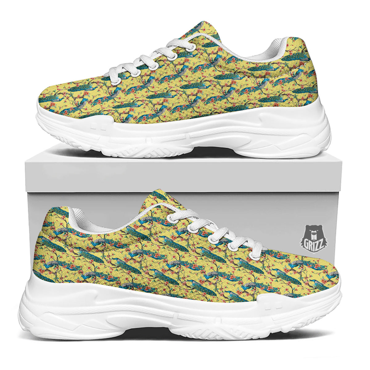 Peacock Cherry Blossom Print White Chunky Shoes-grizzshop