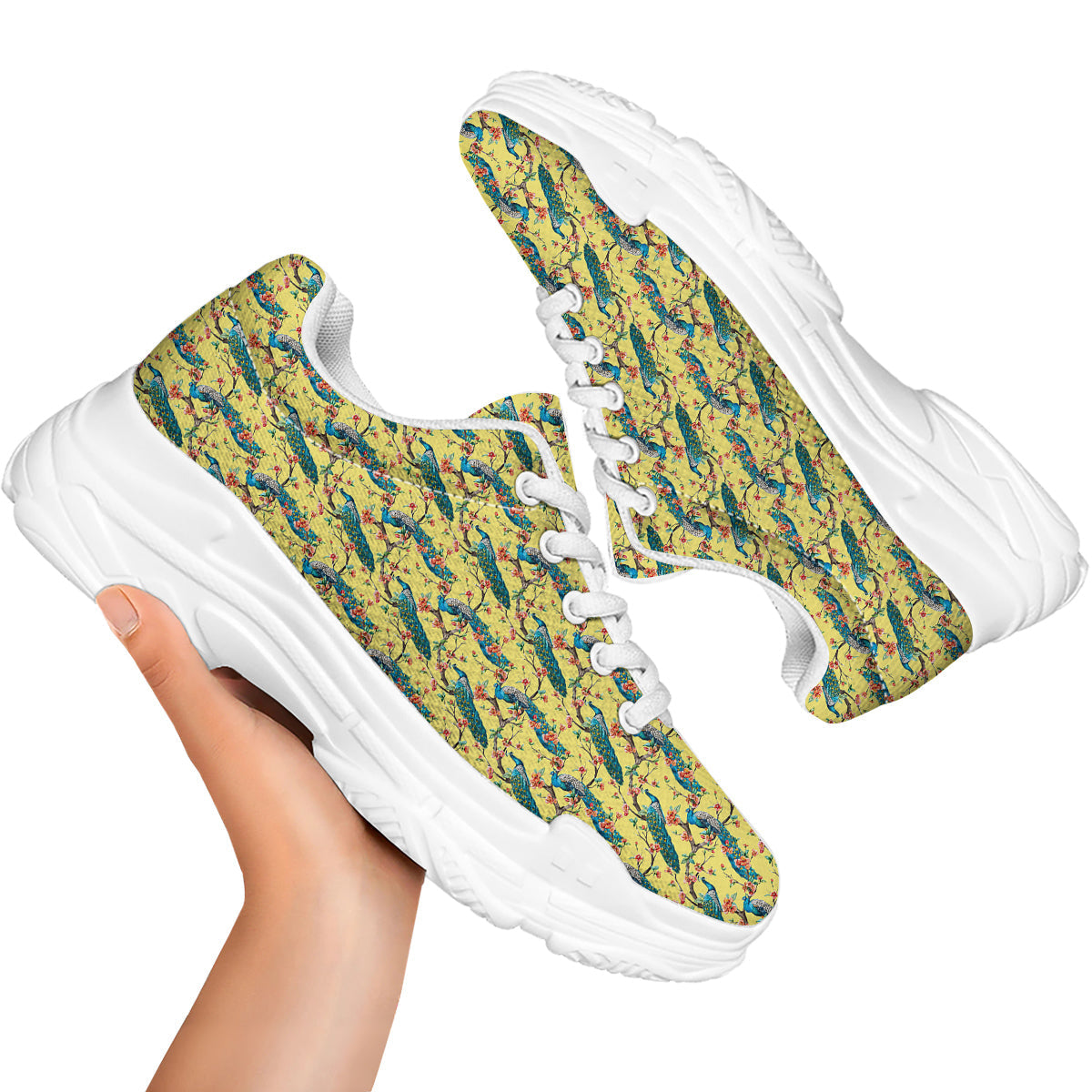 Peacock Cherry Blossom Print White Chunky Shoes-grizzshop