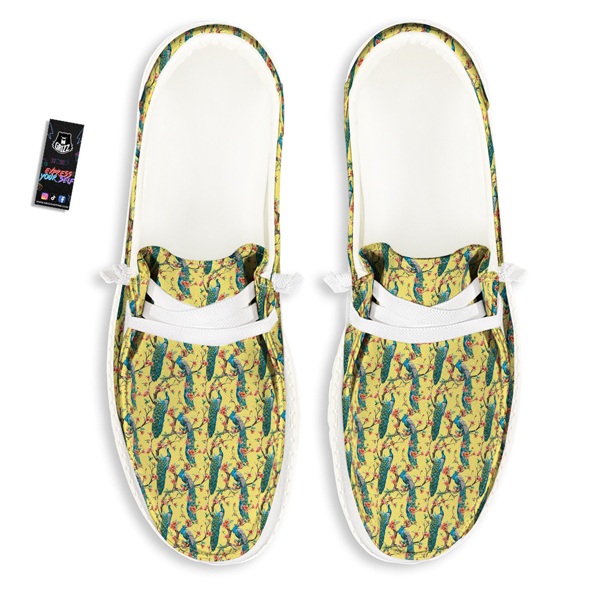 Peacock Cherry Blossom Print White Loafers-grizzshop