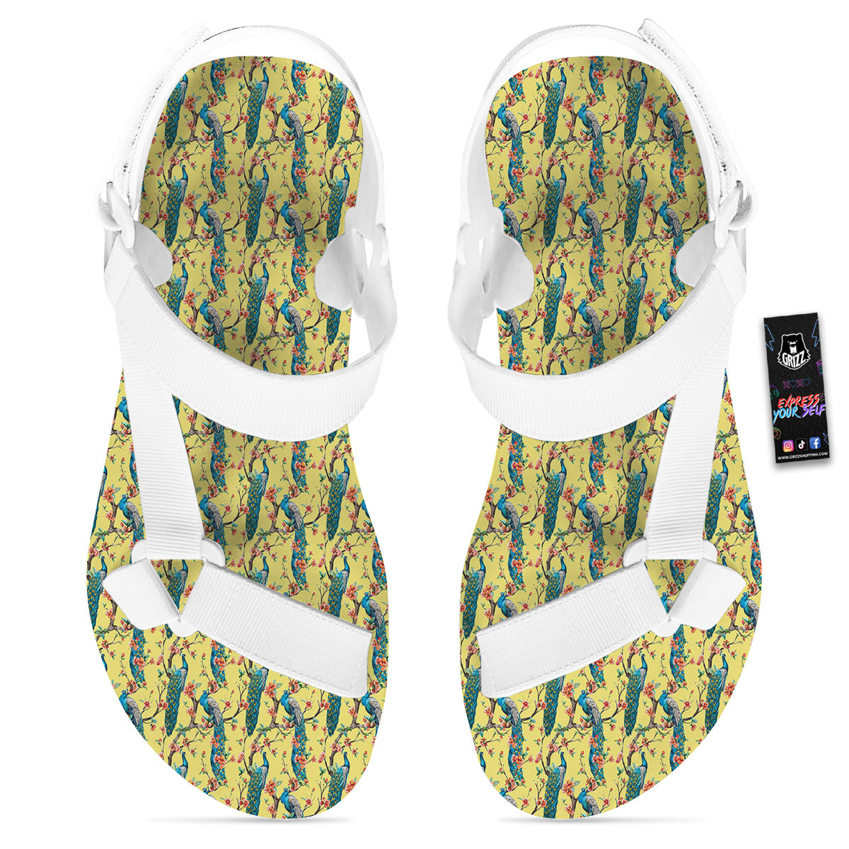 Peacock Cherry Blossom Print White Open Toe Sandals-grizzshop