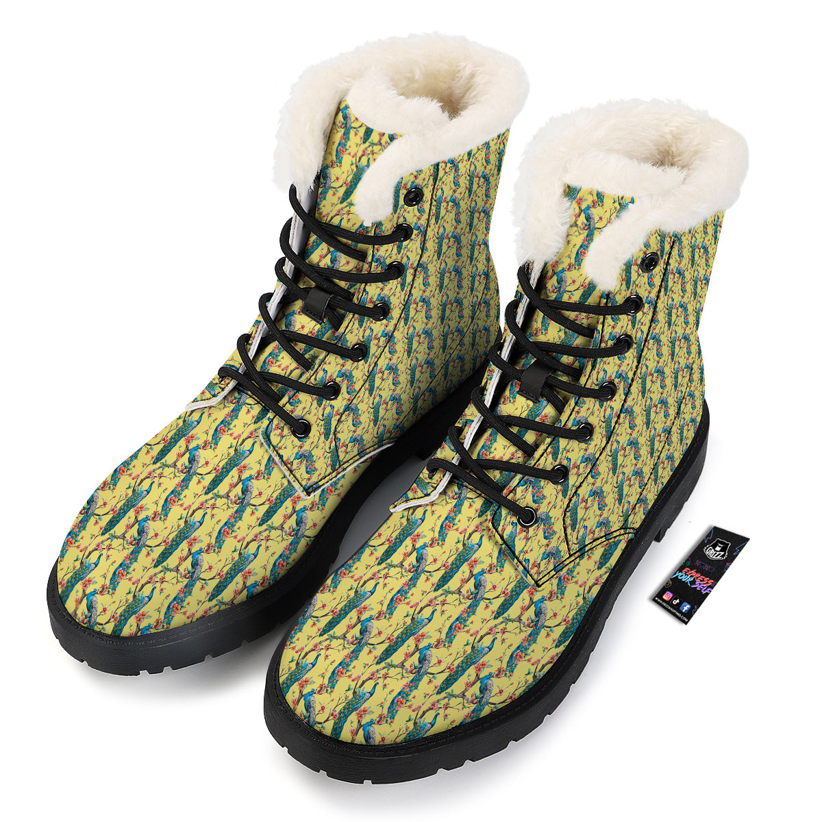 Peacock Cherry Blossom Print Winter Boots-grizzshop