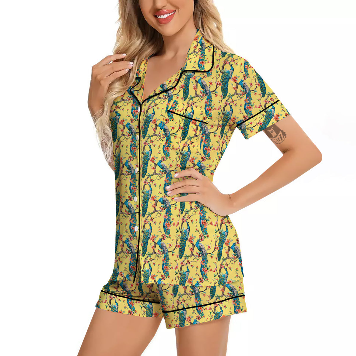 Peacock Cherry Blossom Print Women Silk Pajamas-grizzshop