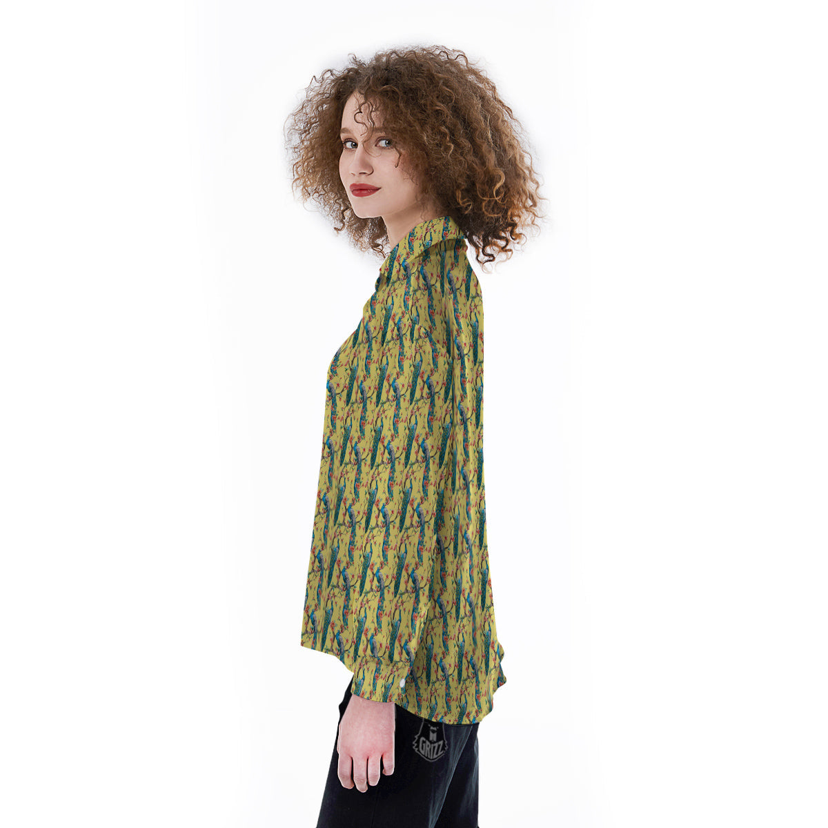 Peacock Cherry Blossom Print Women's Long Sleeve Shirts-grizzshop