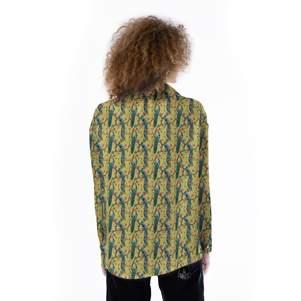 Peacock Cherry Blossom Print Women's Long Sleeve Shirts-grizzshop