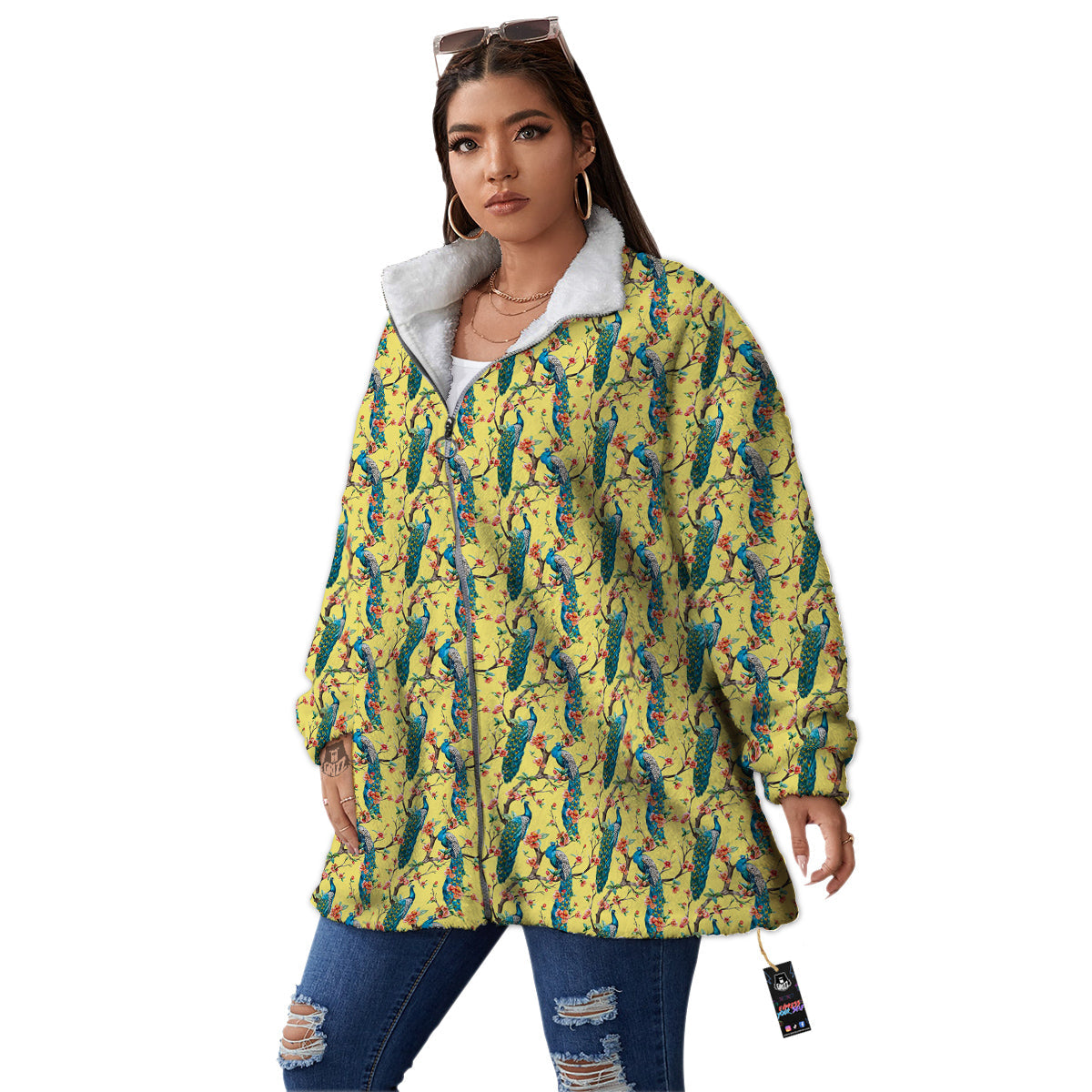 Peacock Cherry Blossom Print Women's Sherpa Jacket-grizzshop