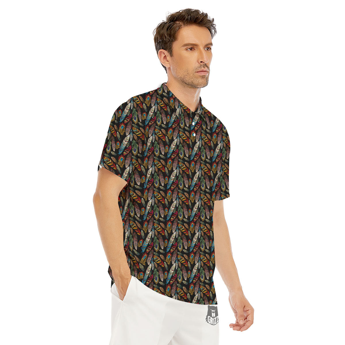 Peacock Embroidery Print Pattern Men's Golf Shirts-grizzshop