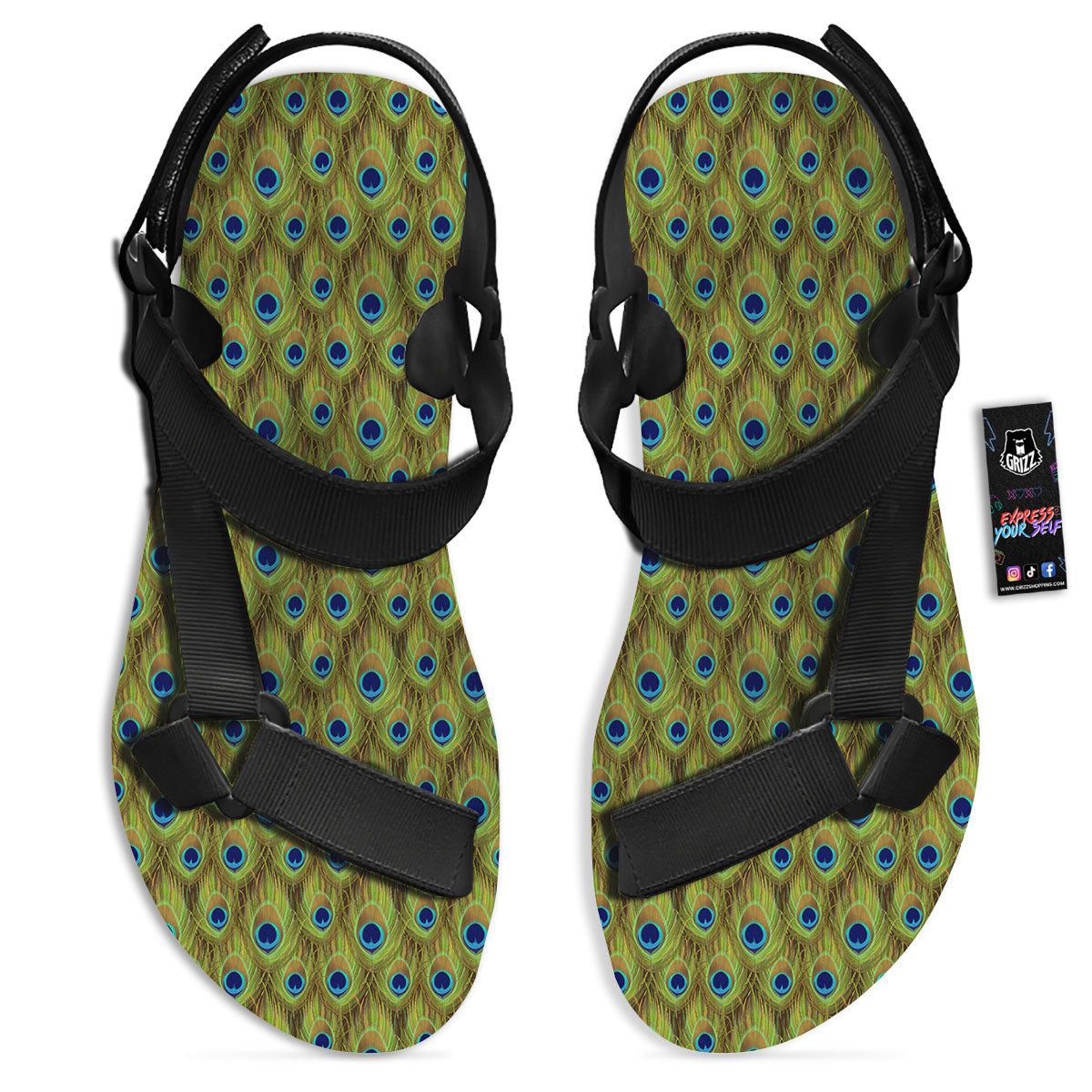 Peacock Feather Boho Print Pattern Black Open Toe Sandals-grizzshop