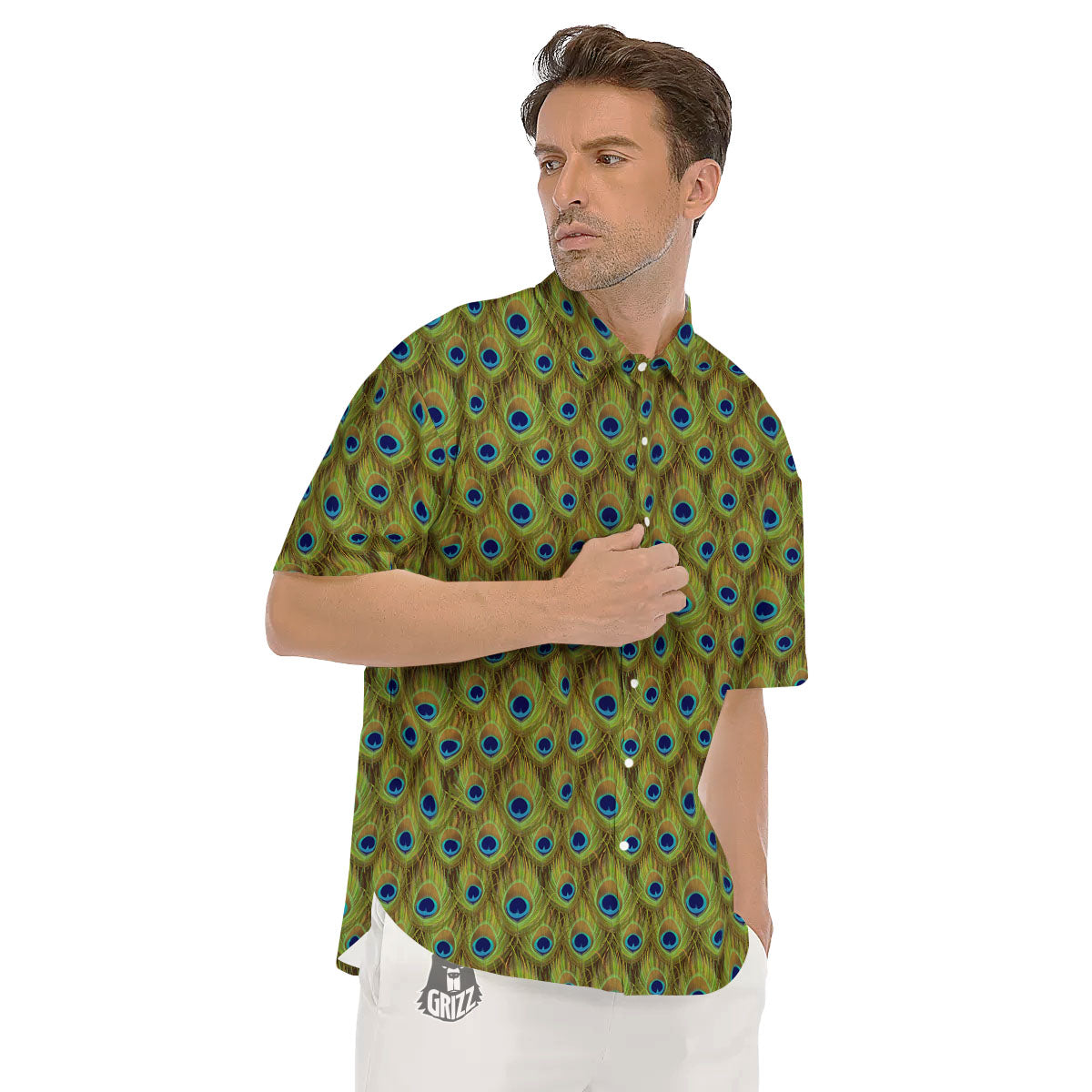 Peacock Feather Boho Print Pattern Men's Short Sleeve Shirts-grizzshop