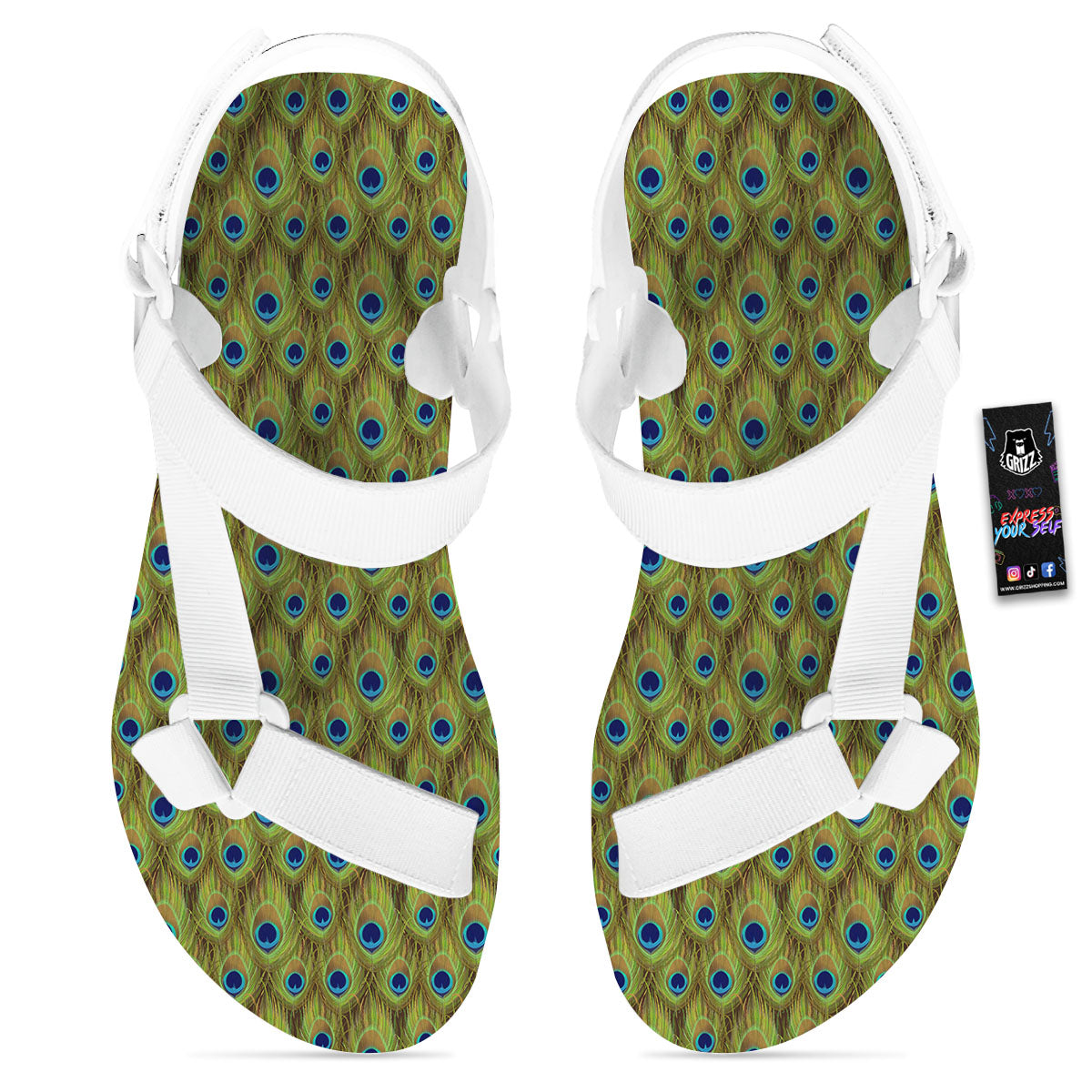 Peacock Feather Boho Print Pattern White Open Toe Sandals-grizzshop