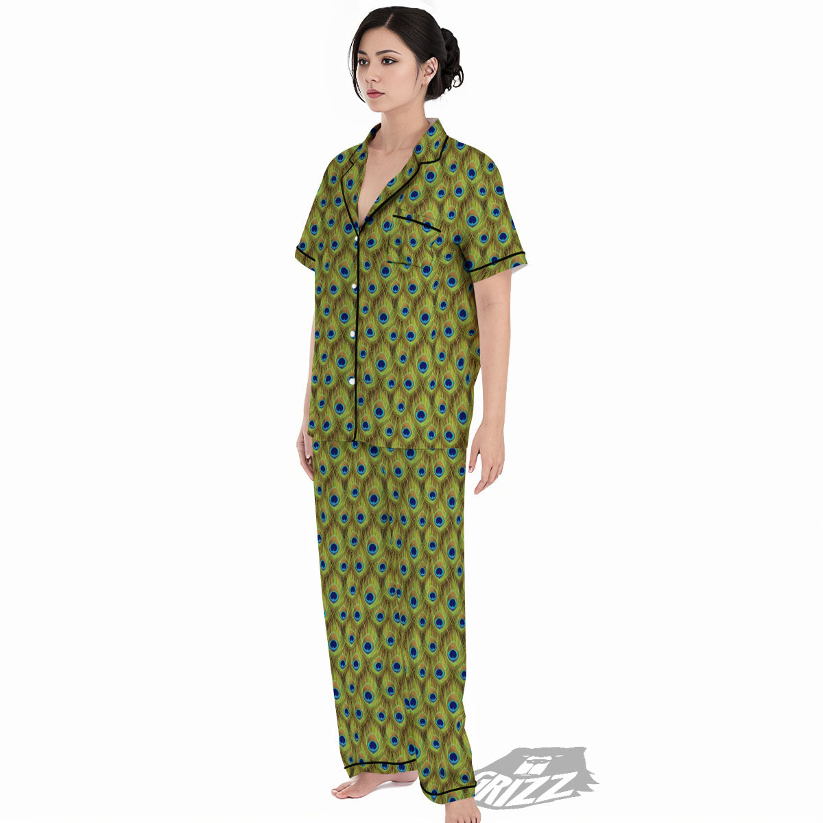 Peacock Feather Boho Print Pattern Women's Pajamas Set-grizzshop