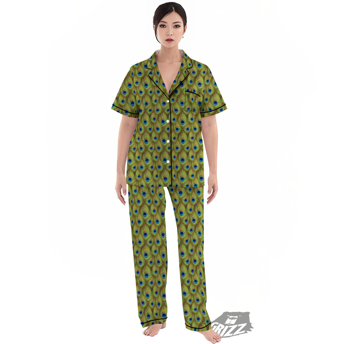 Peacock Feather Boho Print Pattern Women's Pajamas Set-grizzshop