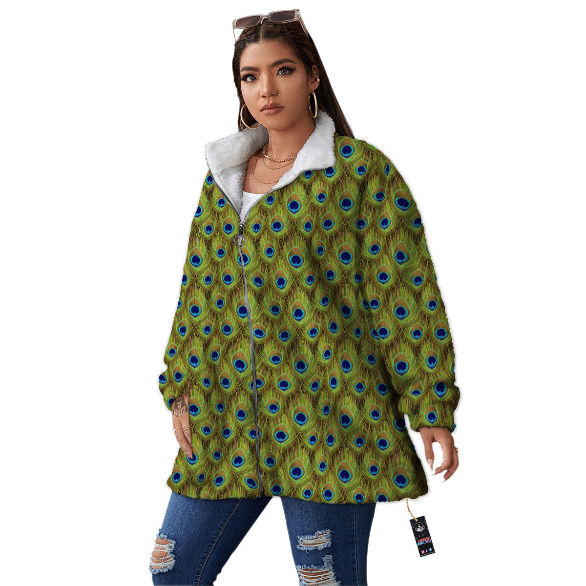 Peacock Feather Boho Print Pattern Women's Sherpa Jacket-grizzshop