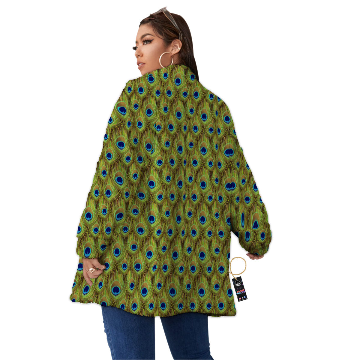 Peacock Feather Boho Print Pattern Women's Sherpa Jacket-grizzshop