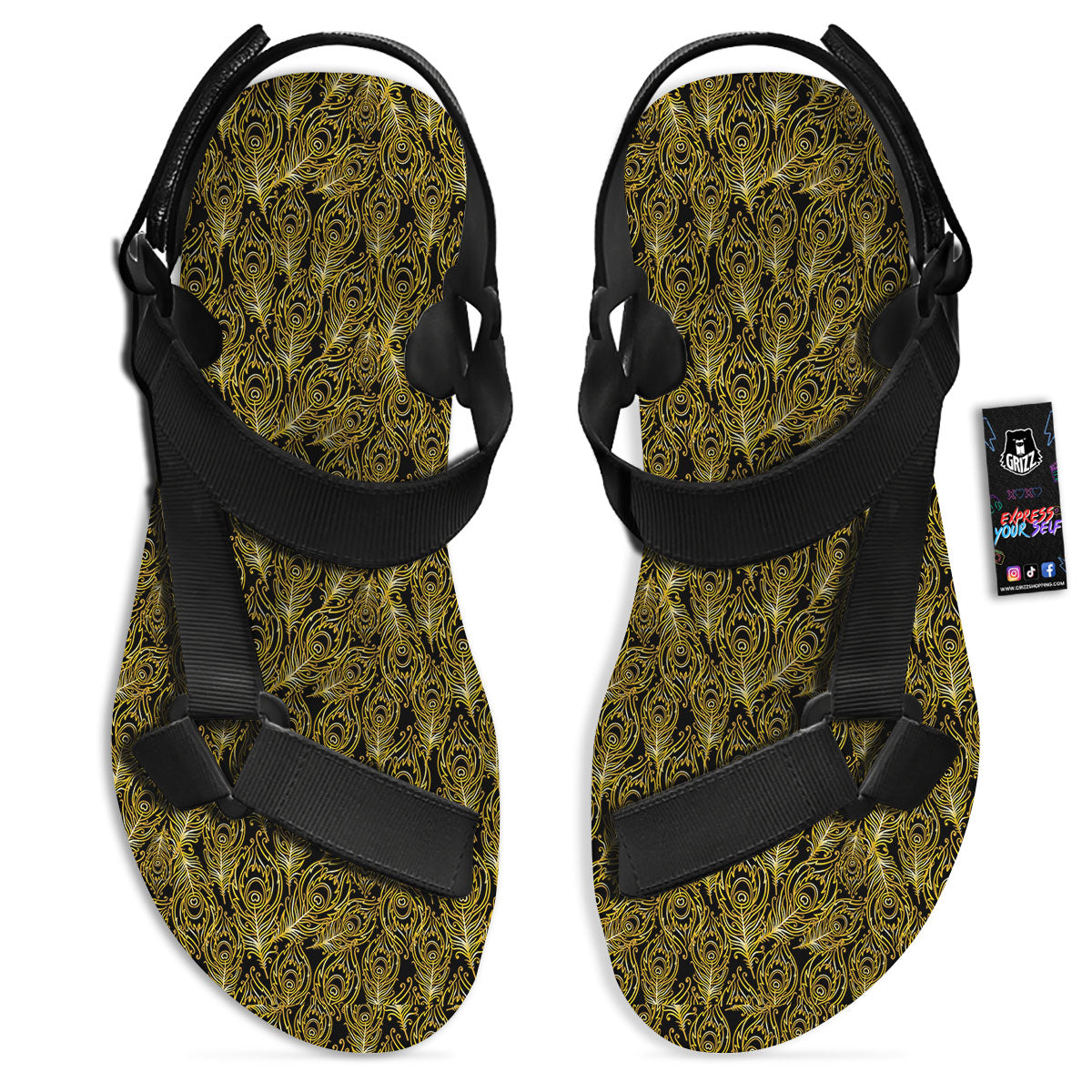 Peacock Feather Gold And Black Print Black Open Toe Sandals-grizzshop