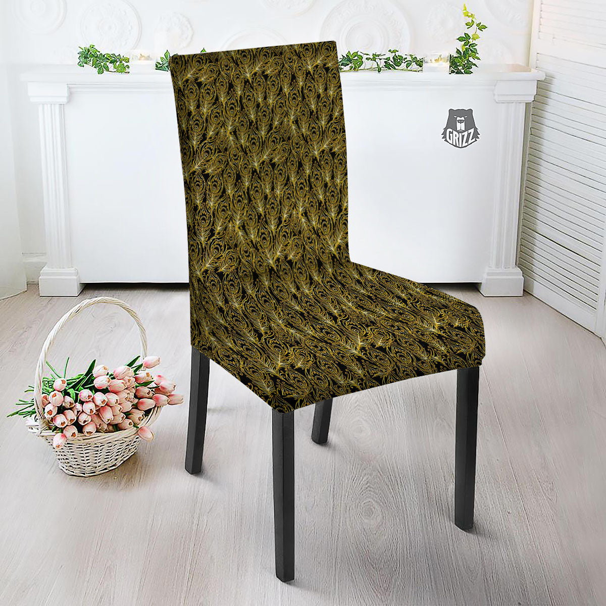 Peacock Feather Gold And Black Print Dining Chair Slipcover-grizzshop