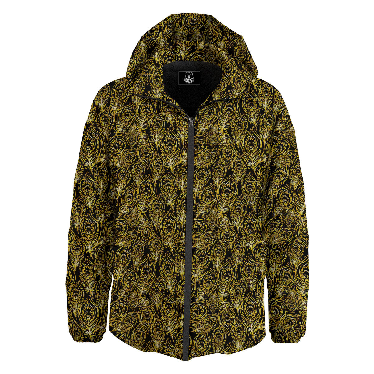 Peacock Feather Gold And Black Print Down Jacket-grizzshop
