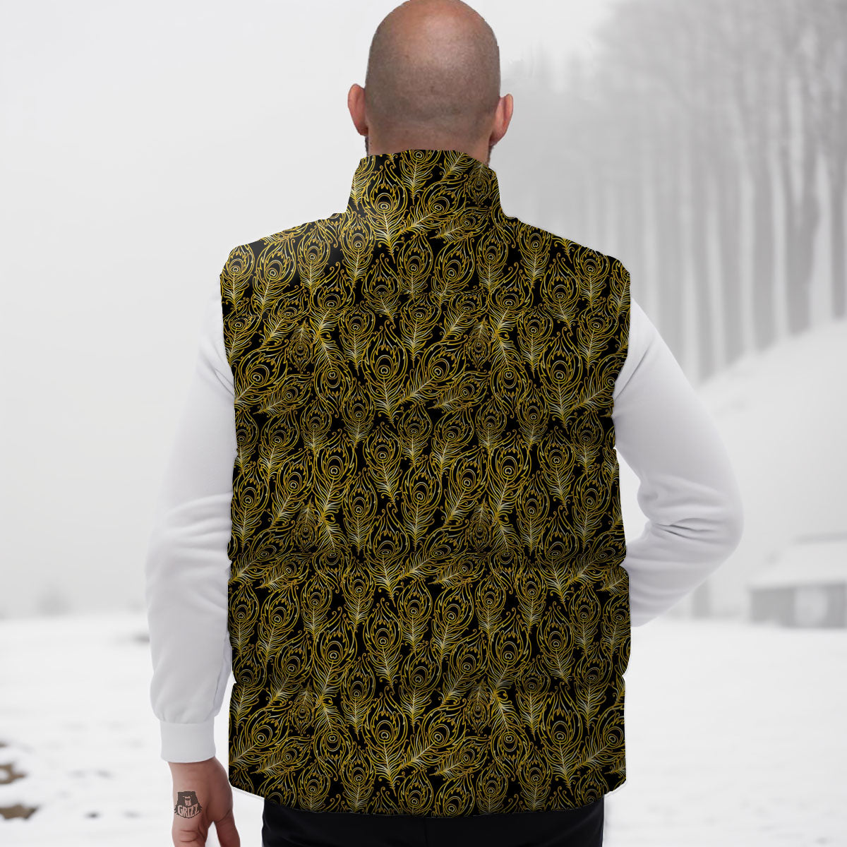 Peacock Feather Gold And Black Print Down Vest