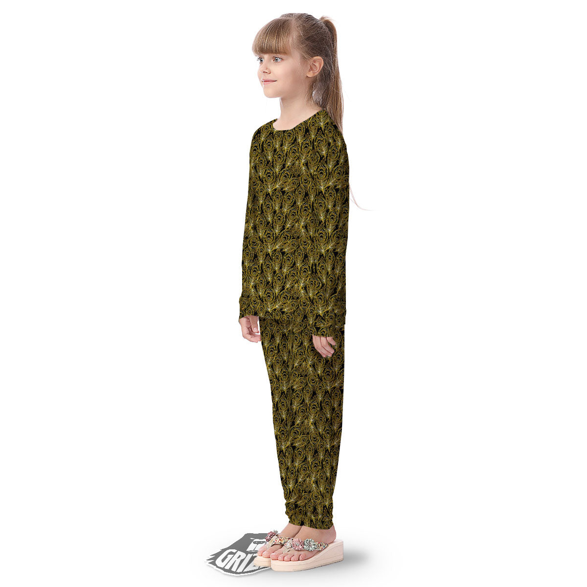 Peacock Feather Gold And Black Print Kid's Pajamas-grizzshop