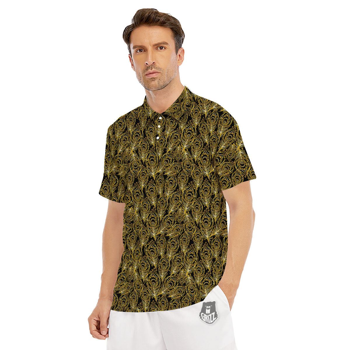 Peacock Feather Gold And Black Print Men's Golf Shirts-grizzshop