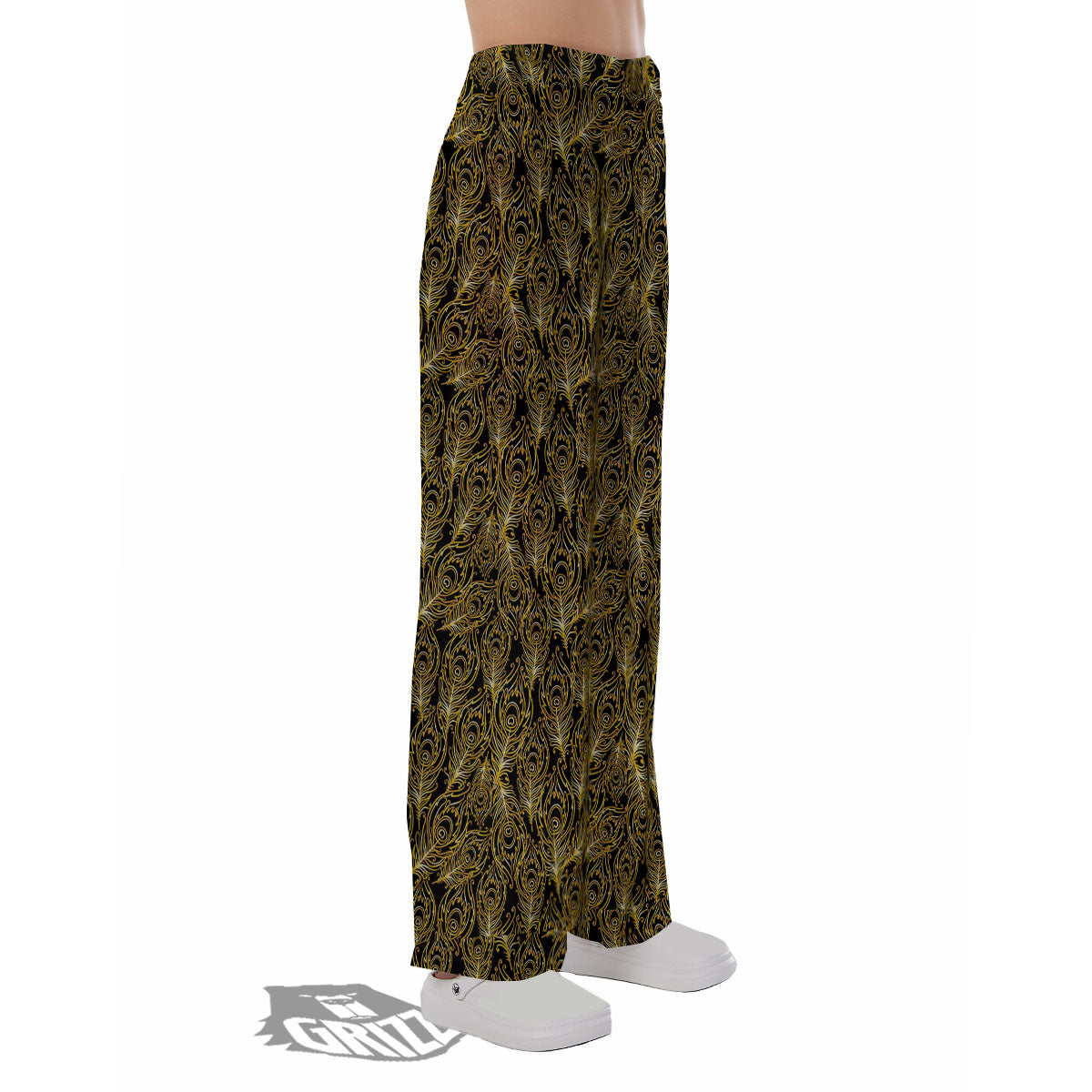 Peacock Feather Gold And Black Print Pajama Pants-grizzshop