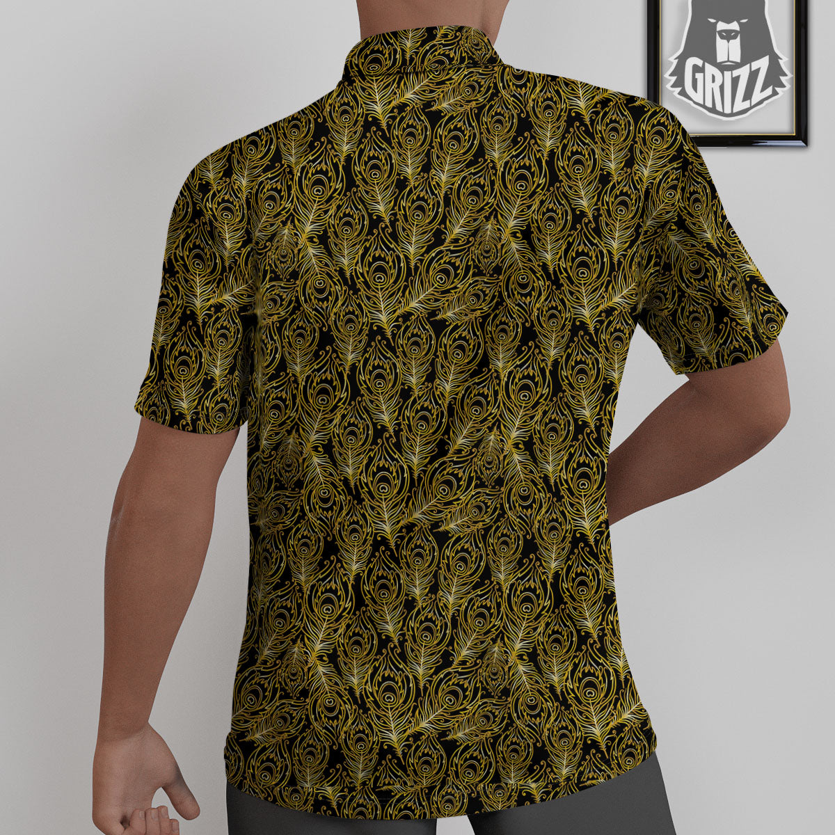 Peacock Feather Gold And Black Print Untucked Shirts-grizzshop