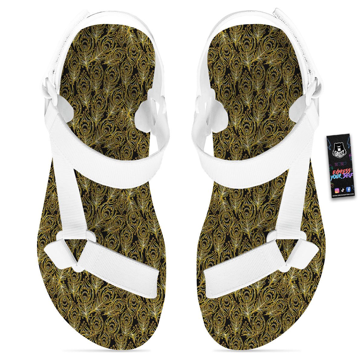 Peacock Feather Gold And Black Print White Open Toe Sandals-grizzshop