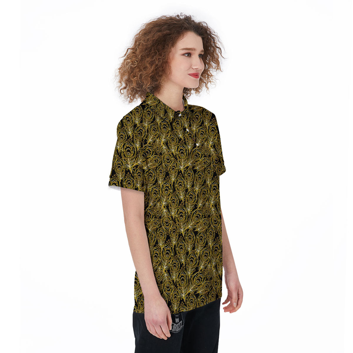 Peacock Feather Gold And Black Print Women's Golf Shirts-grizzshop