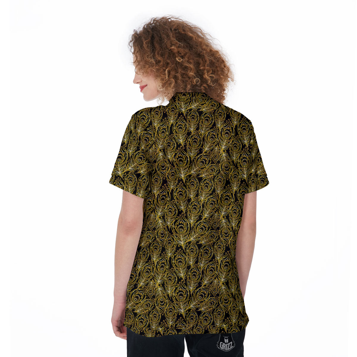 Peacock Feather Gold And Black Print Women's Golf Shirts-grizzshop