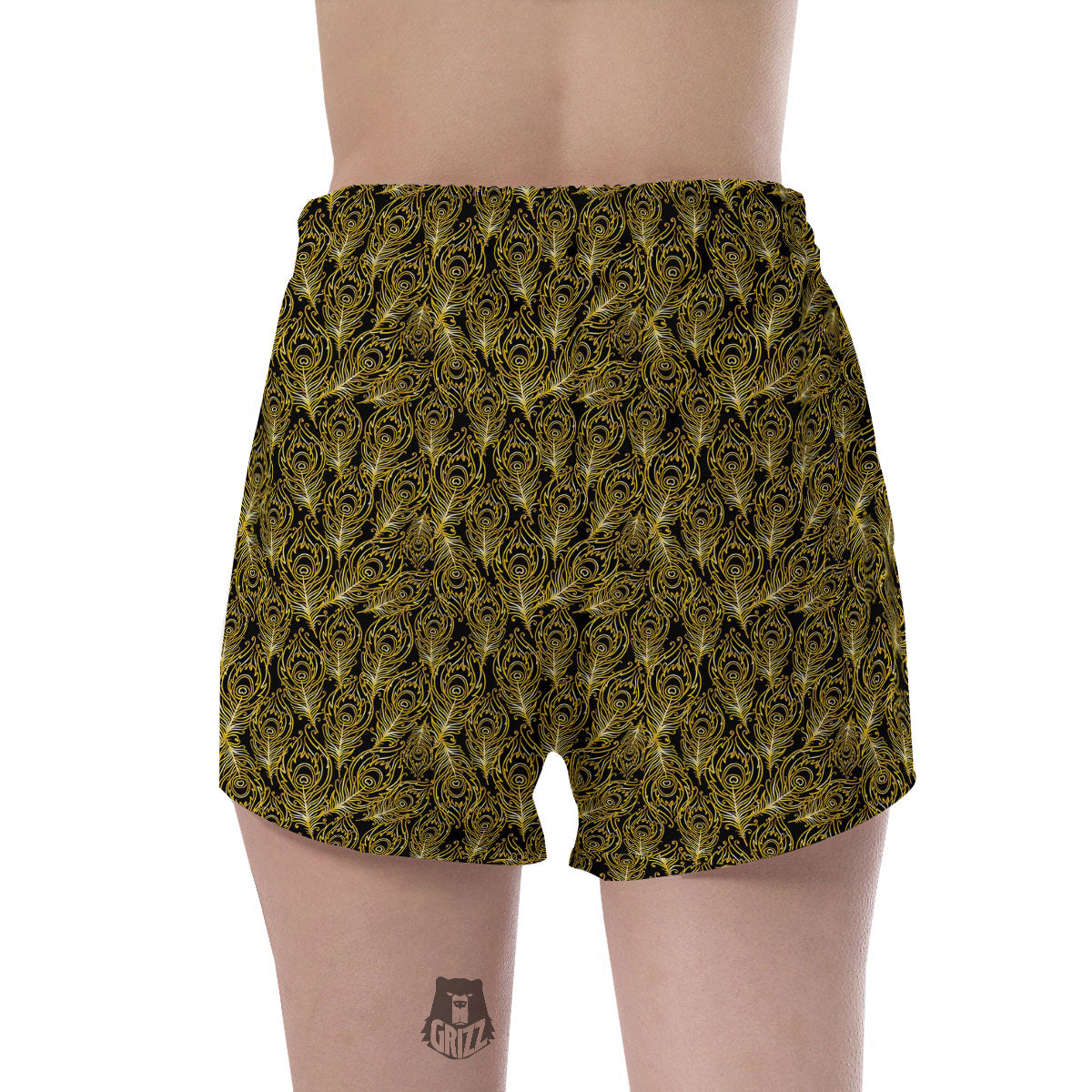 Peacock Feather Gold And Black Print Women's Shorts-grizzshop