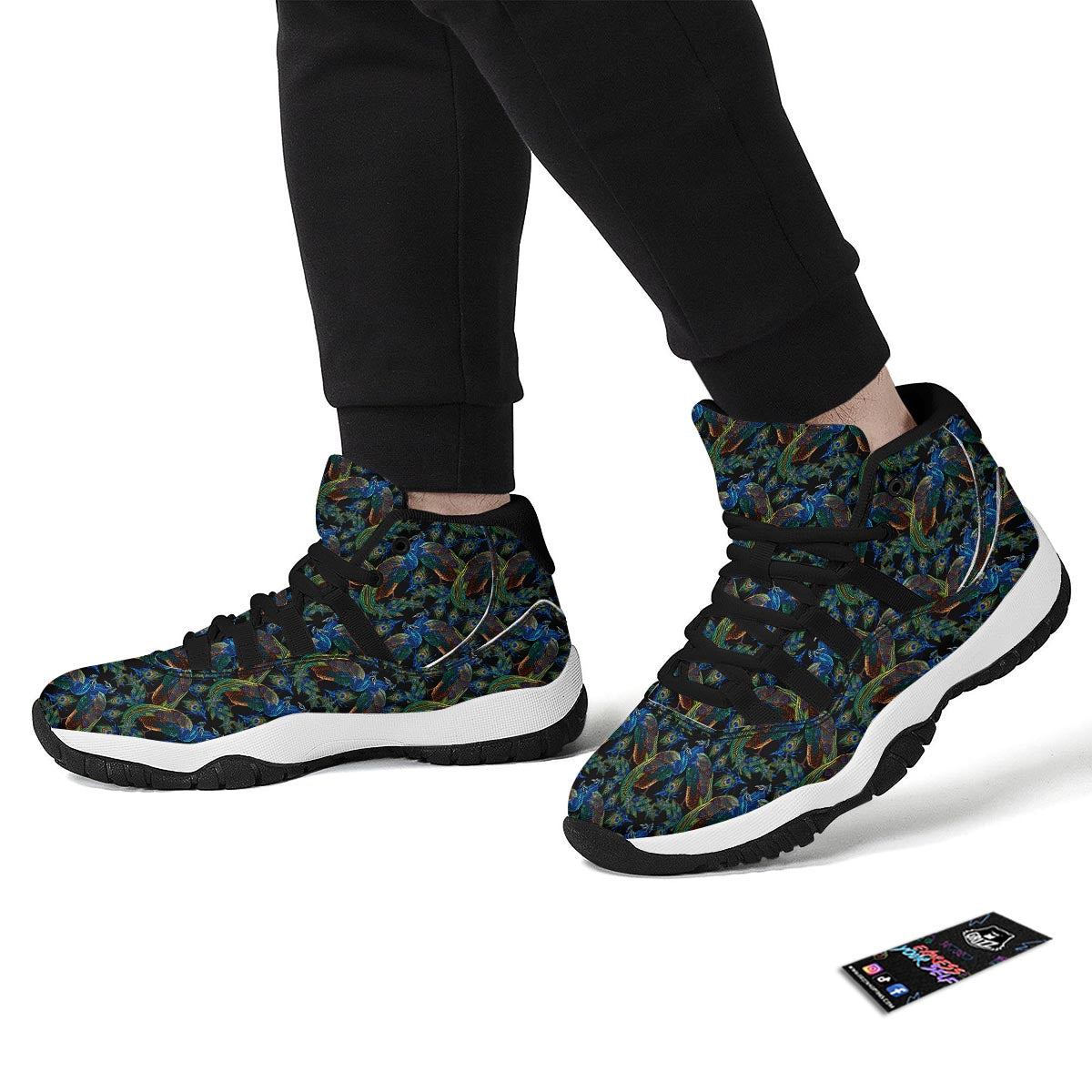 Peacock Feather Pattern Print Black Bball Shoes-grizzshop