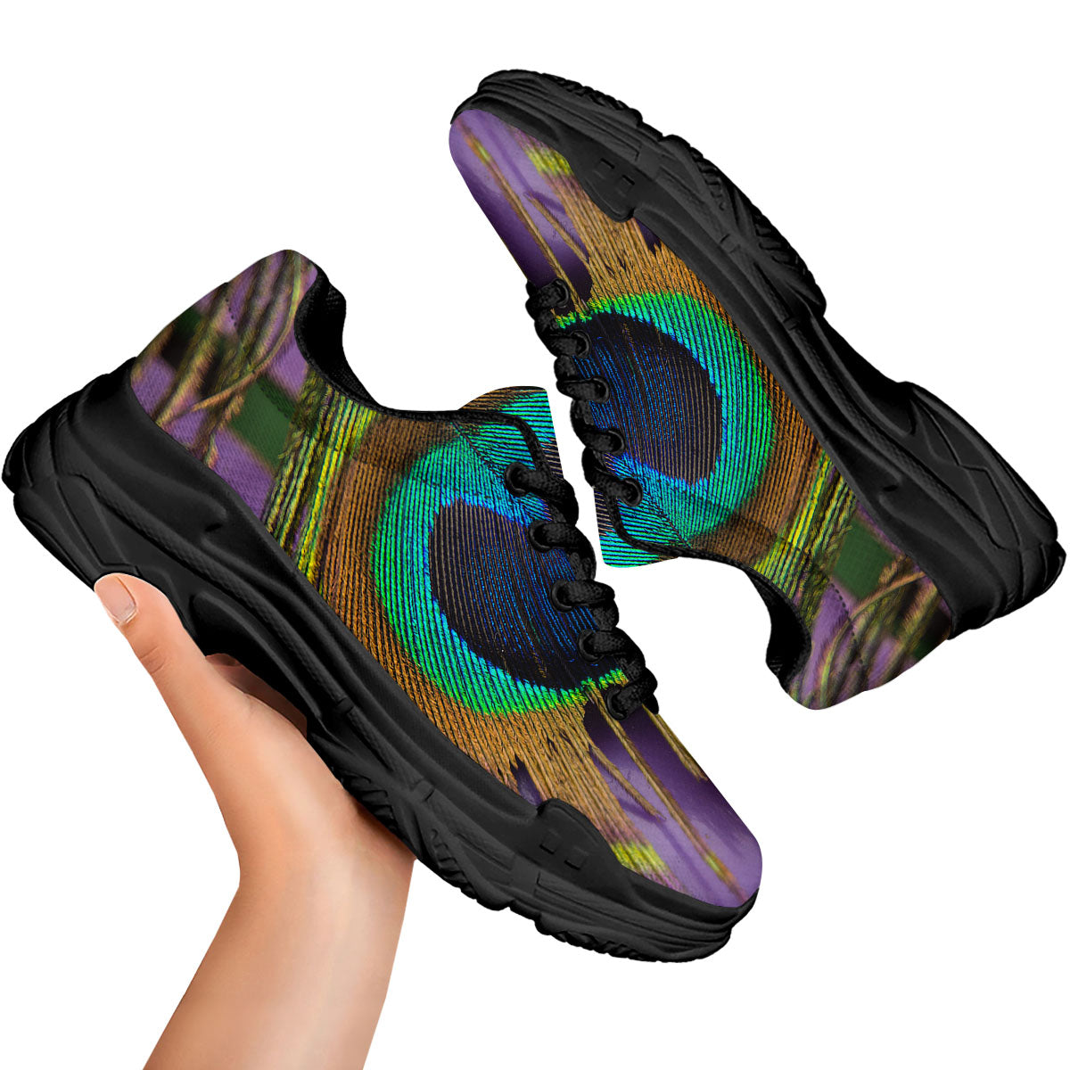 Peacock Feather Purple Bohemian Print Black Chunky Shoes-grizzshop