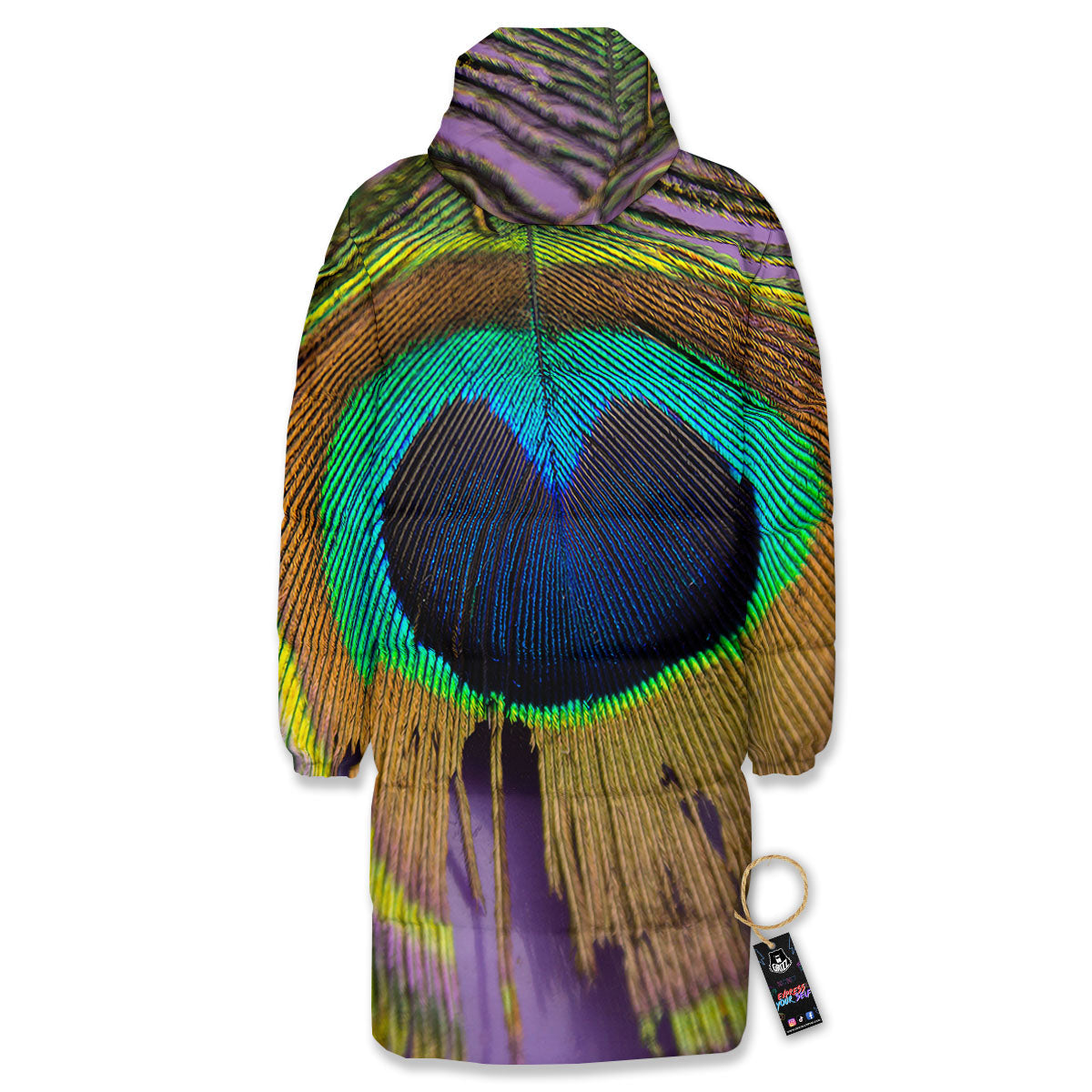Peacock Feather Purple Bohemian Print Long Down Jacket-grizzshop