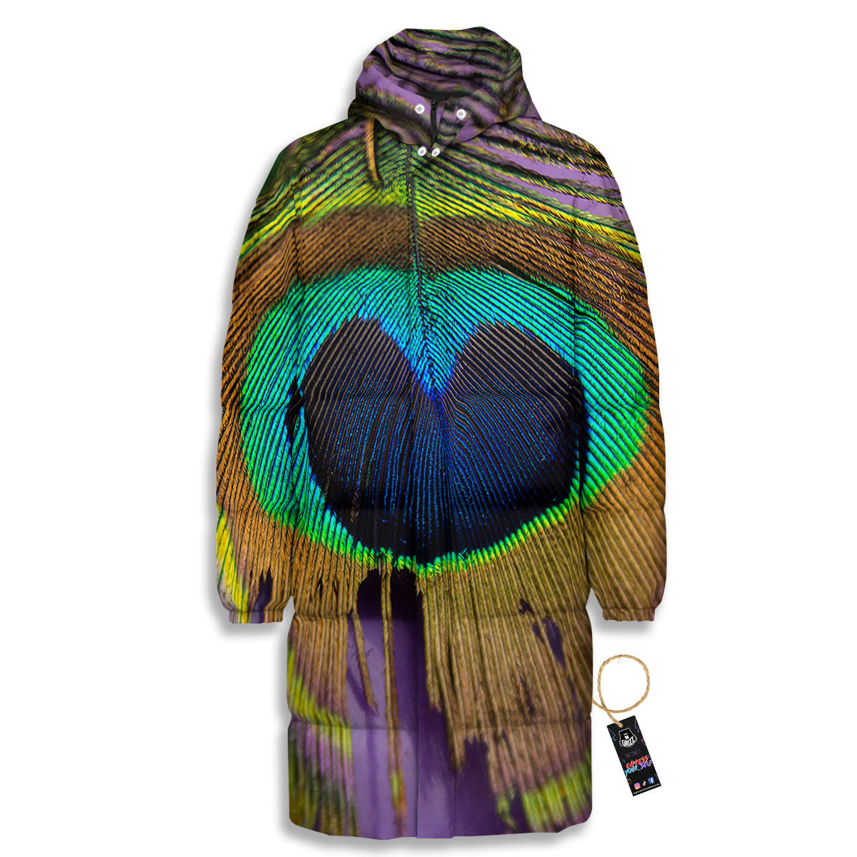 Peacock Feather Purple Bohemian Print Long Down Jacket-grizzshop