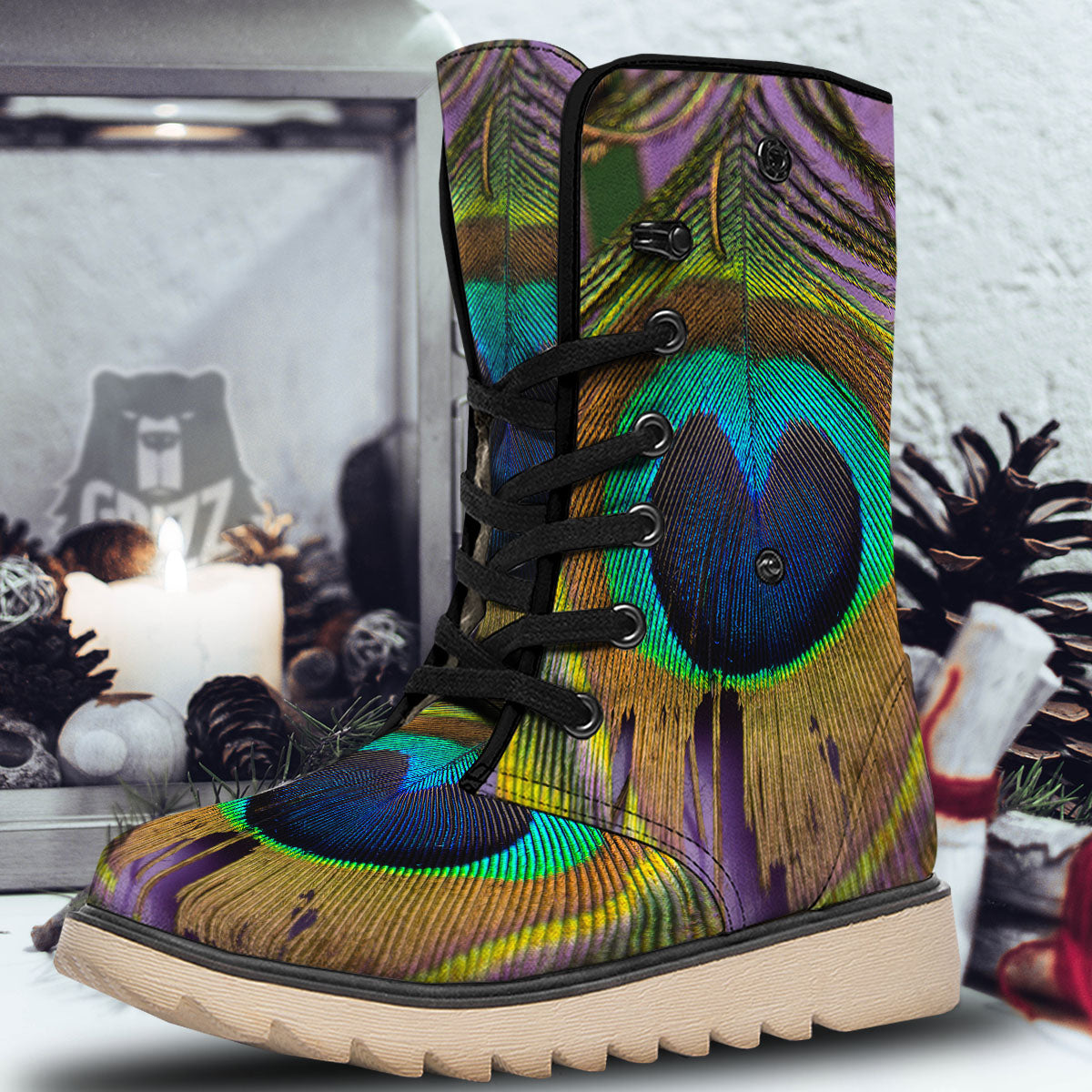 Peacock Feather Purple Bohemian Print Snow Boots-grizzshop