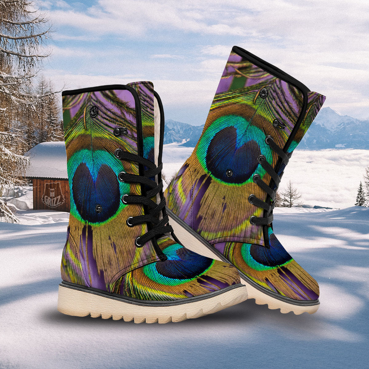 Peacock Feather Purple Bohemian Print Snow Boots-grizzshop