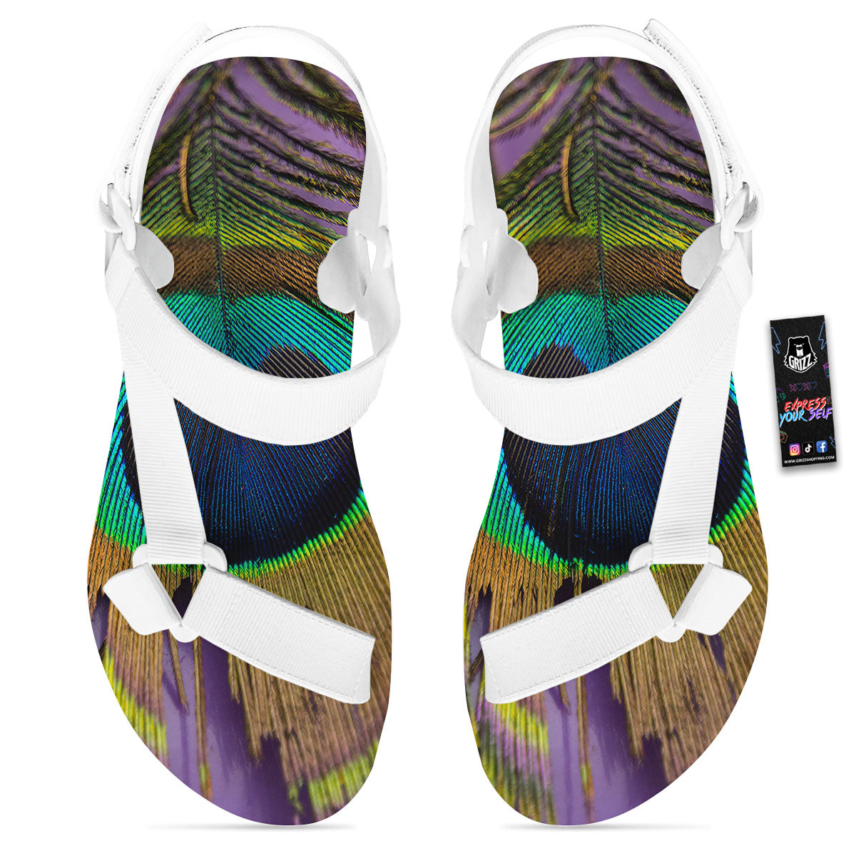 Peacock Feather Purple Bohemian Print White Open Toe Sandals-grizzshop