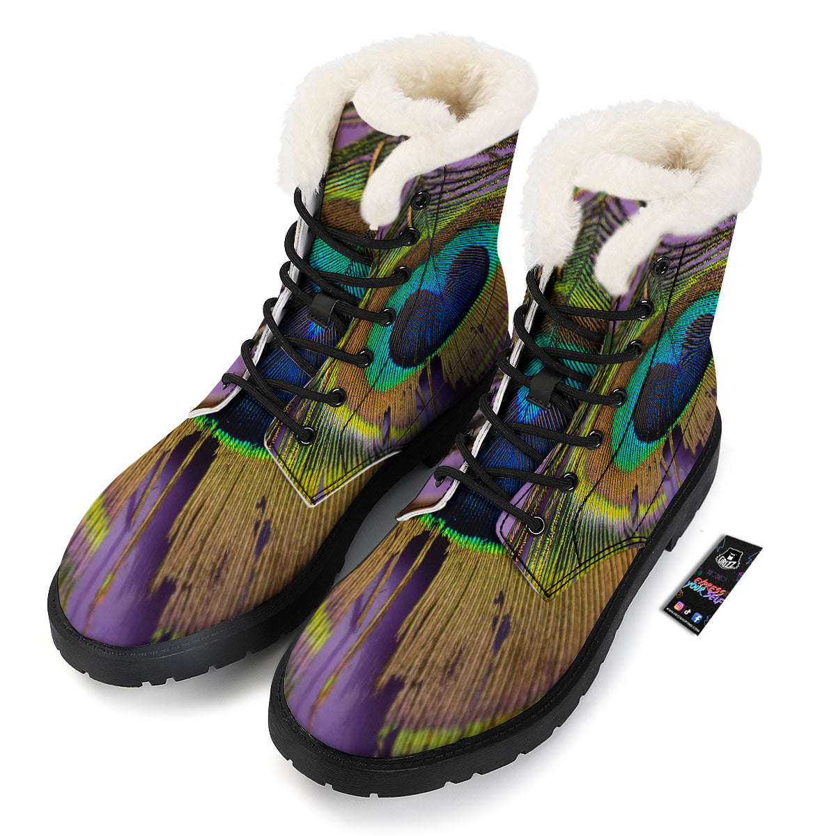 Peacock Feather Purple Bohemian Print Winter Boots-grizzshop