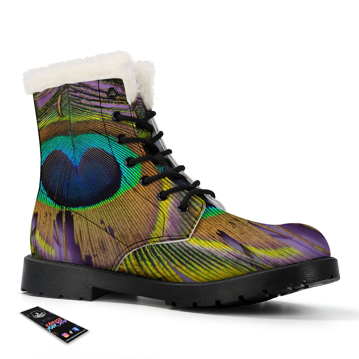 Peacock Feather Purple Bohemian Print Winter Boots-grizzshop