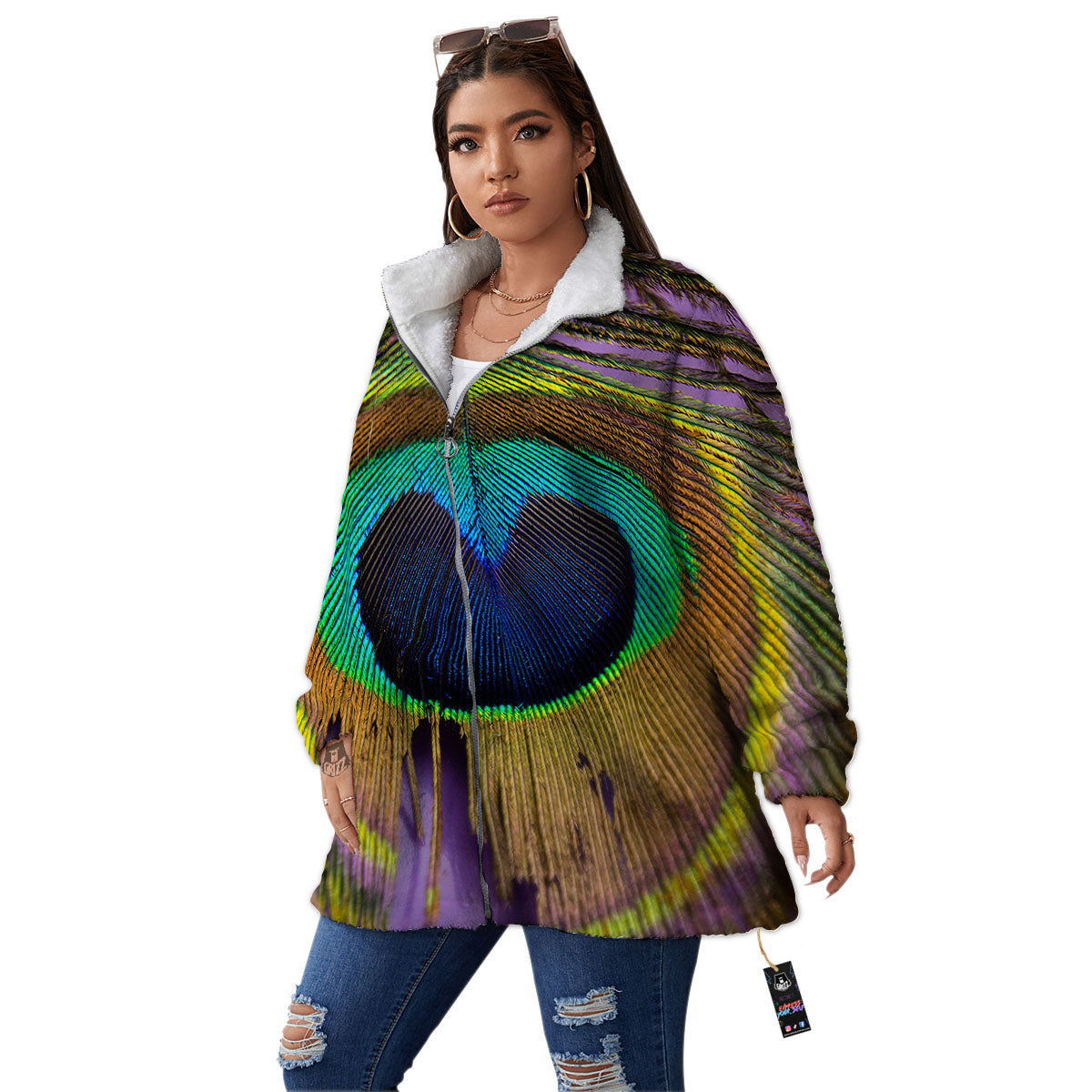 Peacock Feather Purple Bohemian Print Women's Sherpa Jacket-grizzshop