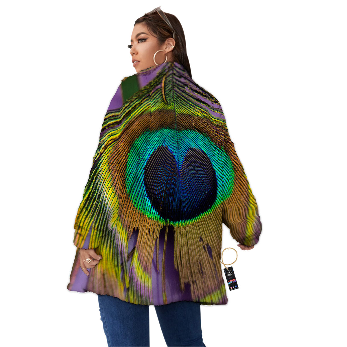 Peacock Feather Purple Bohemian Print Women's Sherpa Jacket-grizzshop
