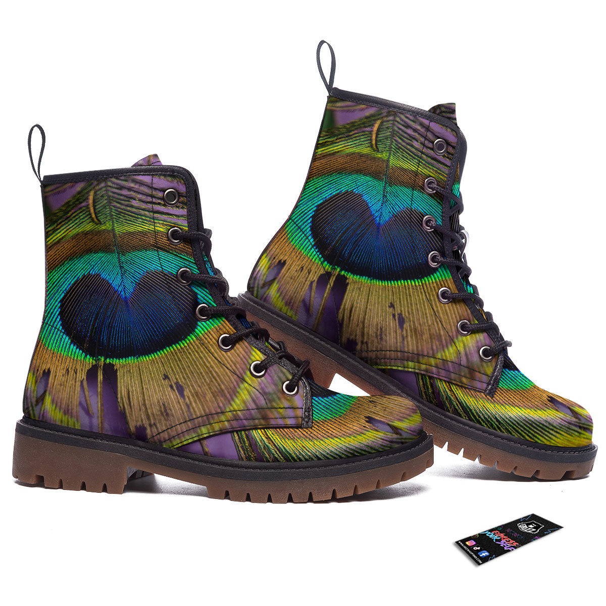 Peacock Feather Purple Bohemian Print Work Boots-grizzshop