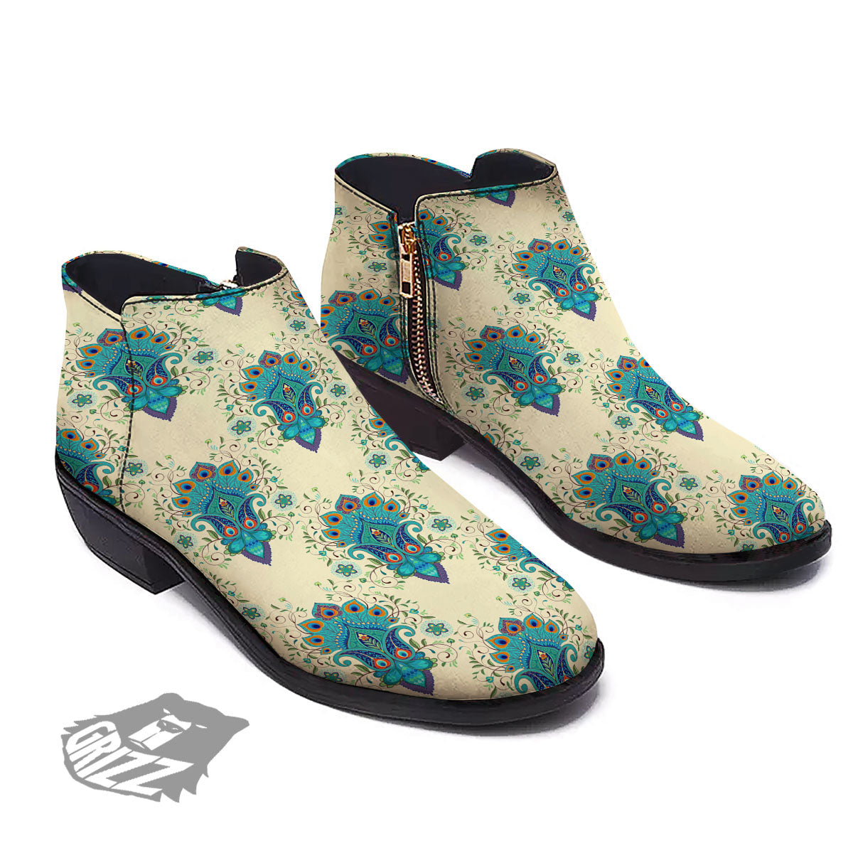 Peacock Feather Vintage Print Pattern Ankle Boots-grizzshop
