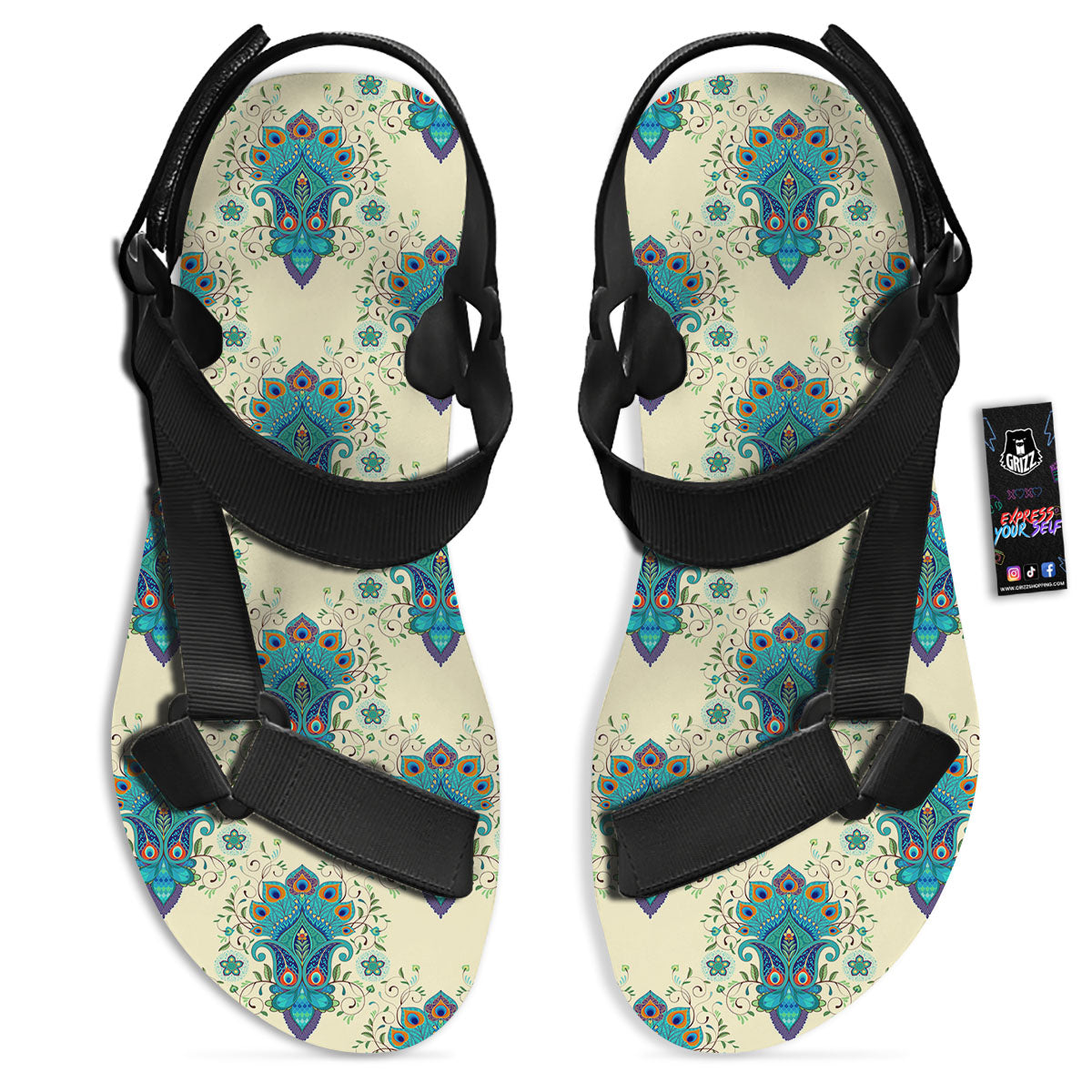 Peacock Feather Vintage Print Pattern Black Open Toe Sandals-grizzshop