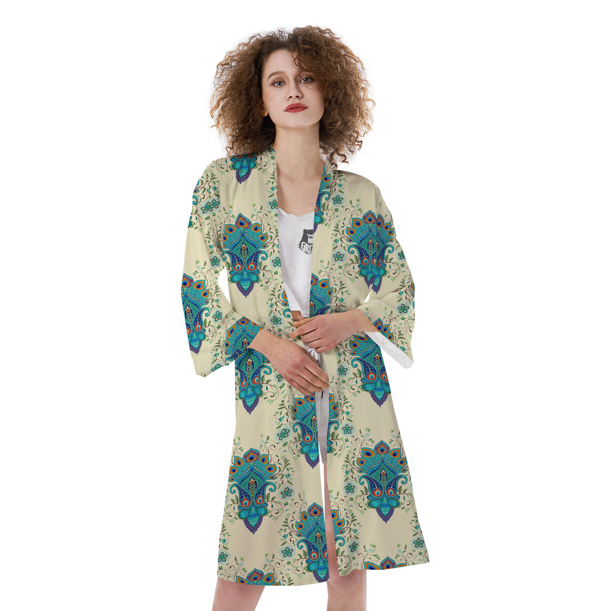 Peacock Feather Vintage Print Pattern Kimono-grizzshop