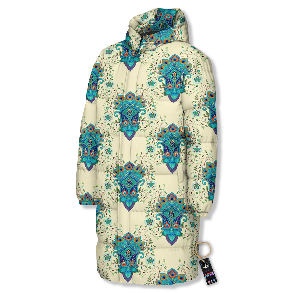 Peacock Feather Vintage Print Pattern Long Down Jacket-grizzshop