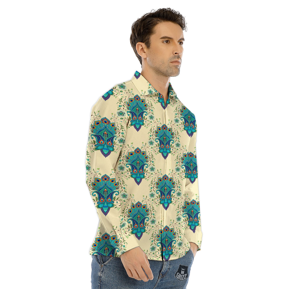Peacock Feather Vintage Print Pattern Men's Dress Shirts-grizzshop