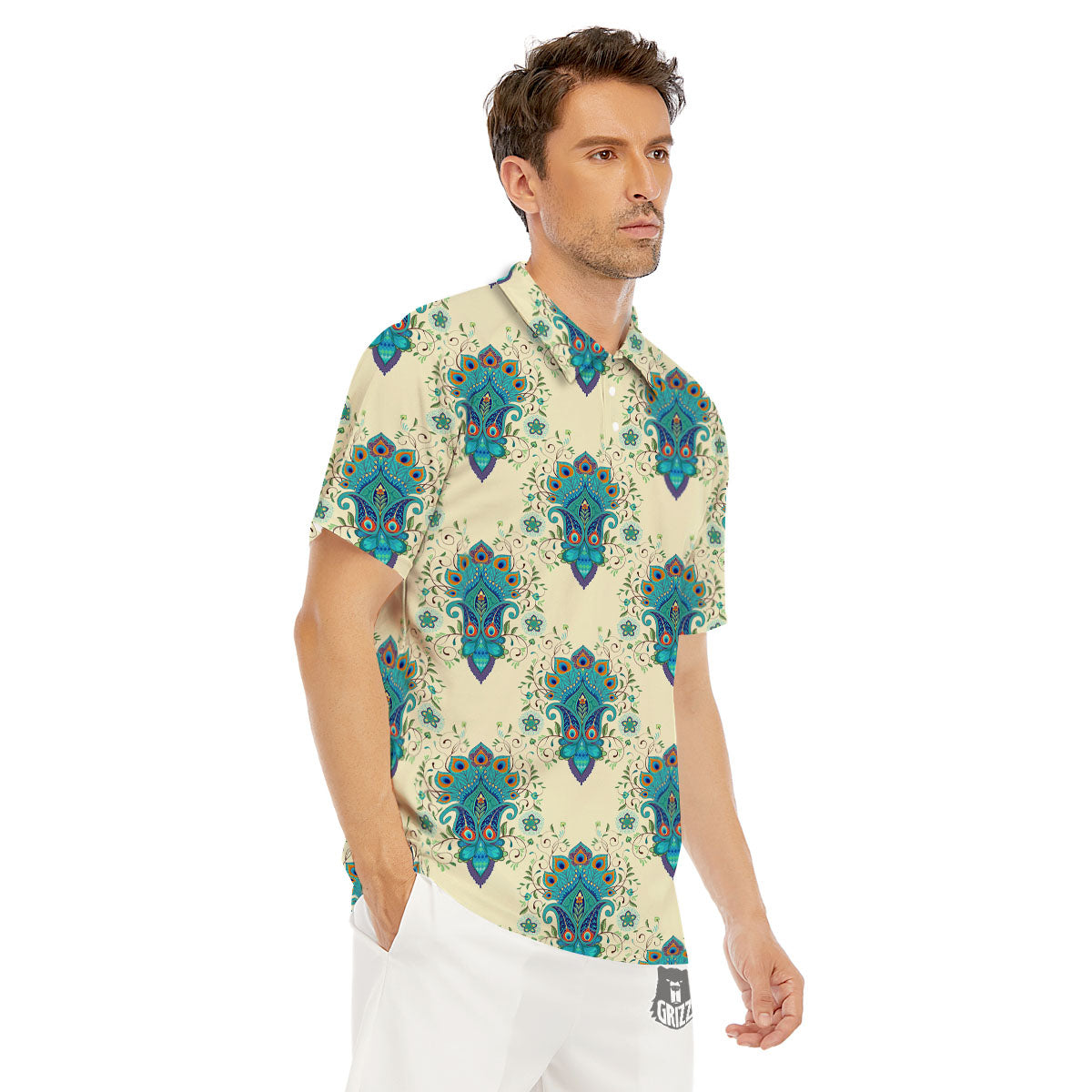 Peacock Feather Vintage Print Pattern Men's Golf Shirts-grizzshop