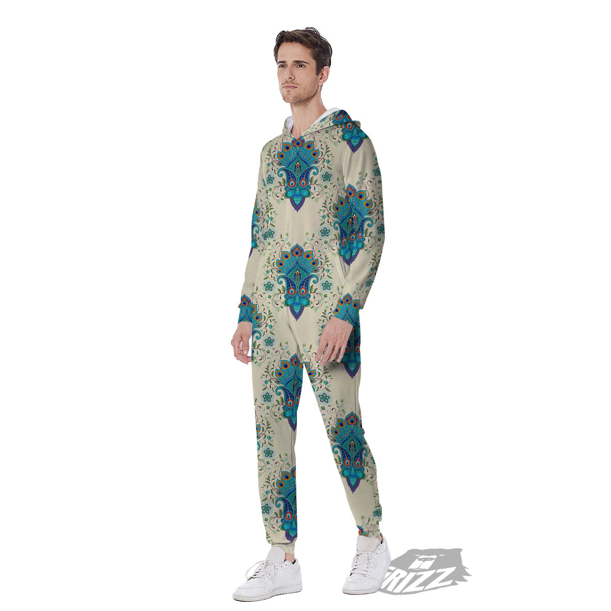 Peacock Feather Vintage Print Pattern Men's Jumpsuit-grizzshop